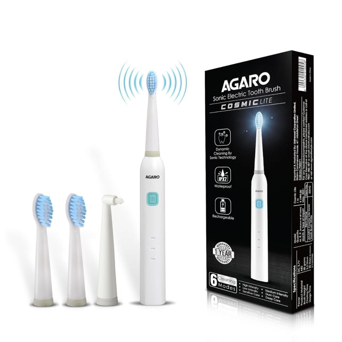 Agaro Cosmic Lite Sonic Electric Toothbrush For Adults With 6 Modes 3 Brush