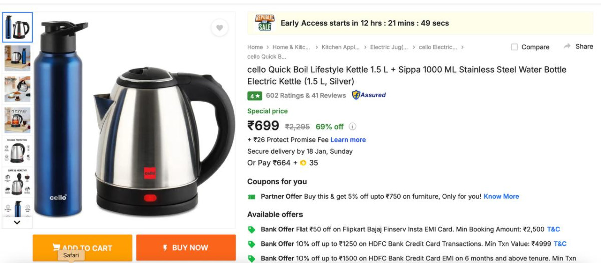 - Cello Quick Boil Lifestyle Kettle 1 5 L Sippa 1000 Ml Stainless Steel Wat