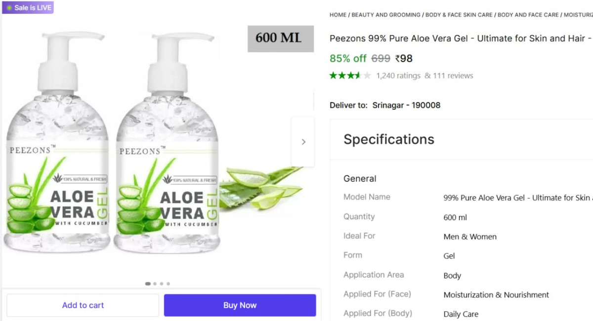 Pure Aloe Vera Gel 600ml 98
