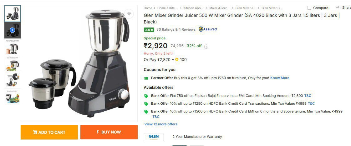 Glen Mixer Grinder Juicer 500 W Mixer Grinder 2920
