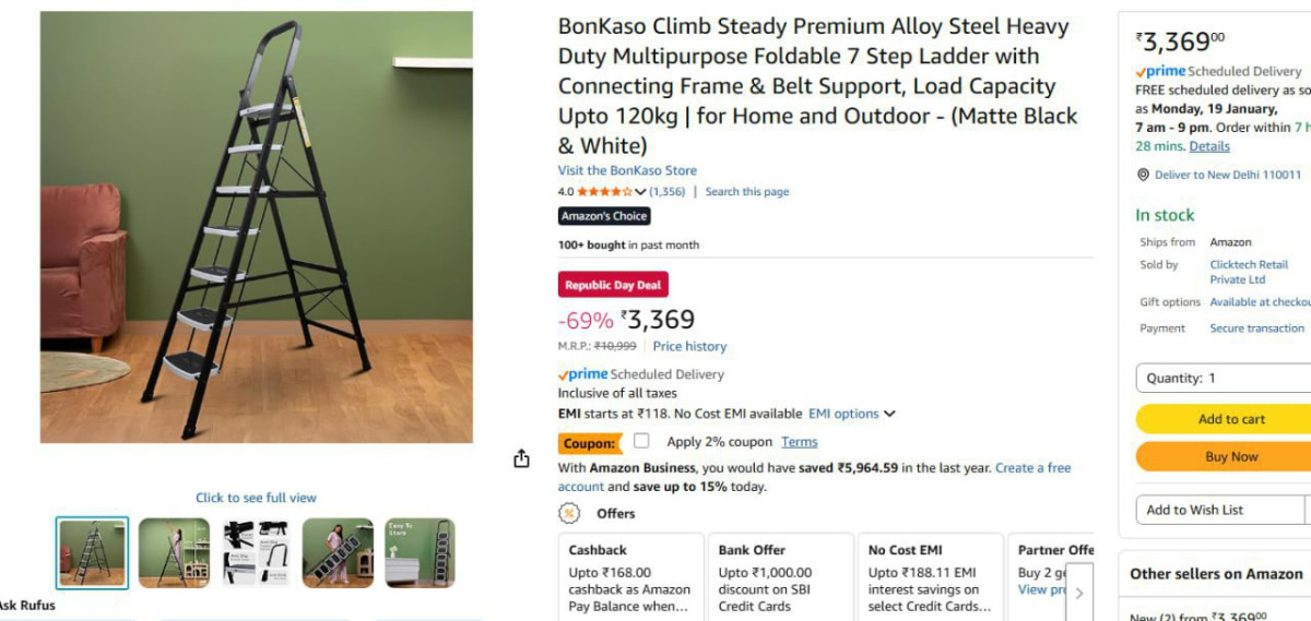 Bonkaso Premium Alloy Steel Heavy Duty Foldable 7 Step Ladder 3301apply 2 C