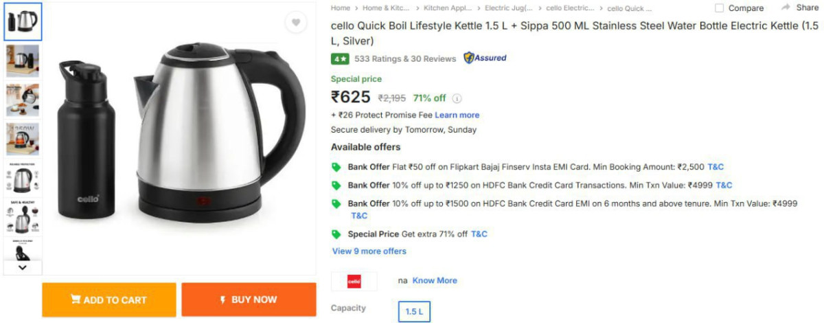 Cello Kettle 1 5 L Sippa 500 Ml 625