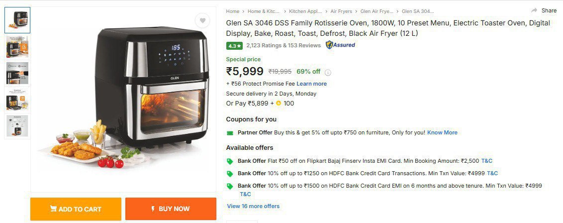 Glen Premium 1800w Oven Air Fryer (12 L) 5 442apply 557 On Hdfc Bank Credit