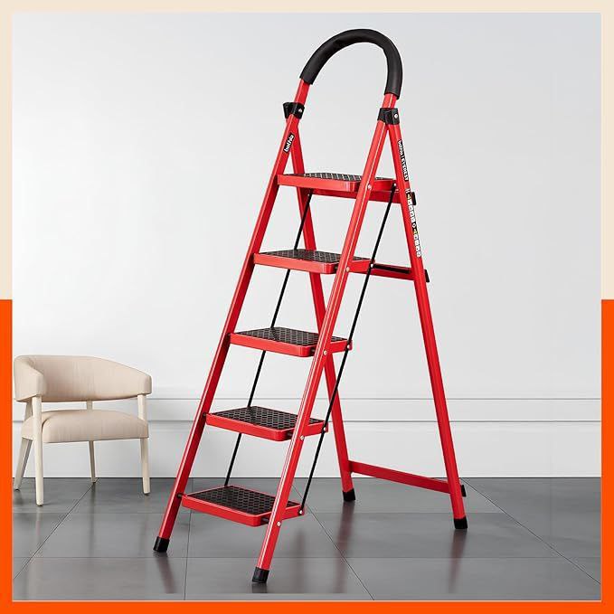 799bathla Everest 5 Step Steel Ladder With Safety Hand Grip Durable Anti-sk