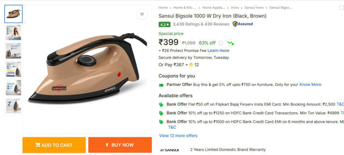 Flipkart Sansui Bigsole 1000 W Dry Iron 399 Click Here To Join All Deals