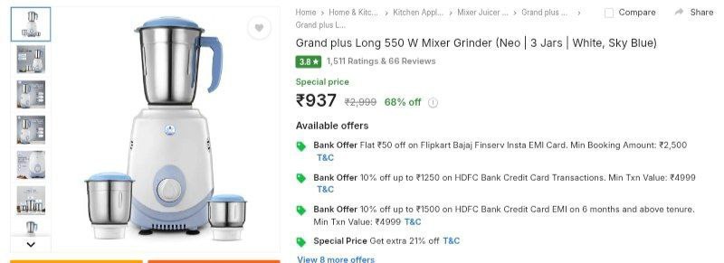 Grand Plus Long 550 W Mixer Grinder (neo 3 Jars White Sky Blue) At 937rs Cl