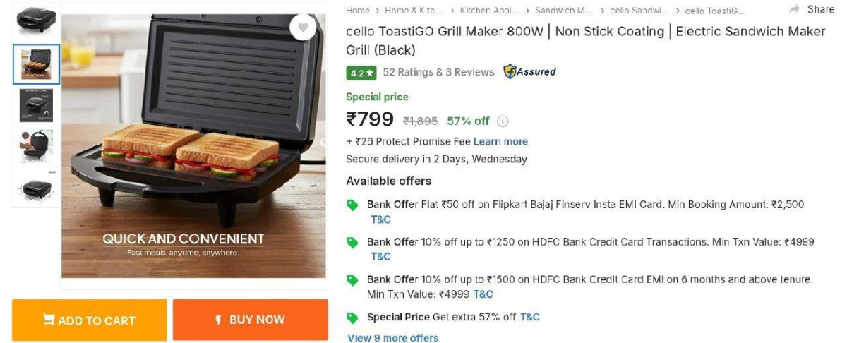 Flipkart Cello Grill Sandwich Maker At 799
