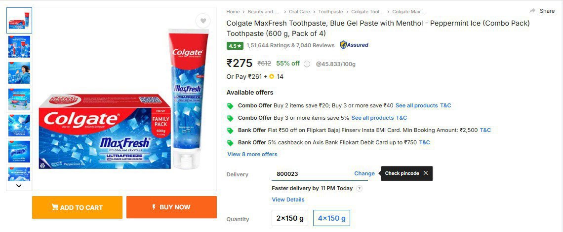 Colgate Maxfresh Toothpaste Blue Gel Paste With Menthol 600 G 275