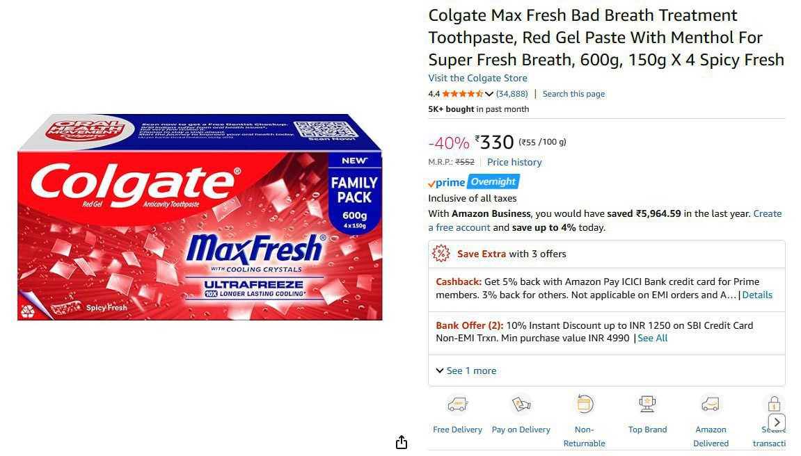 Colgate Maxfresh Toothpaste 150g X 4 330