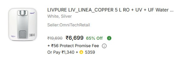 - Livpure 5 L Ro Water Purifier At Rs 6699