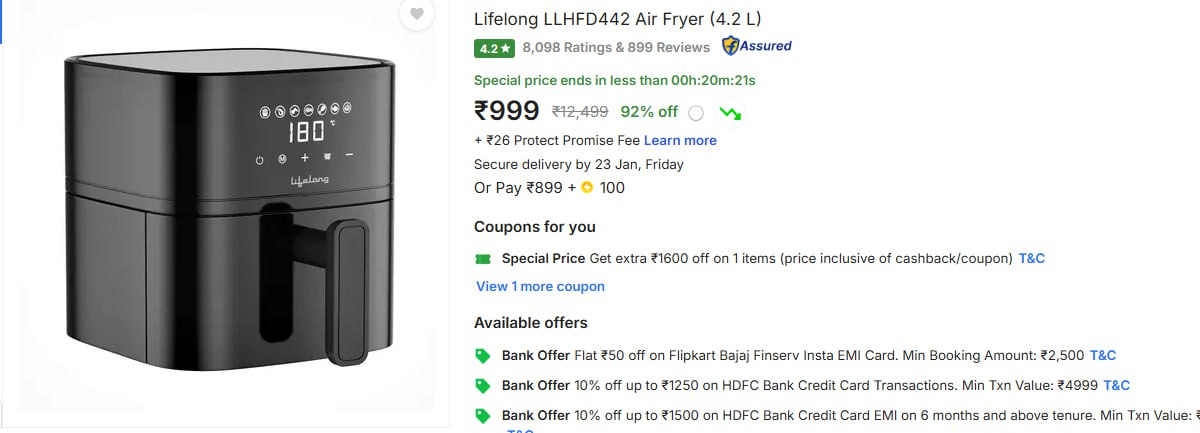 - Lifelong Llhfd442 Air Fryer At Rs 999
