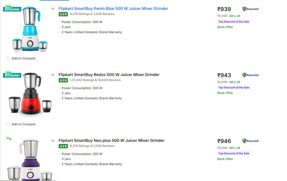 80 - Flipkart Smartbuy Mixer Juicer Grinder Starting Rs 910