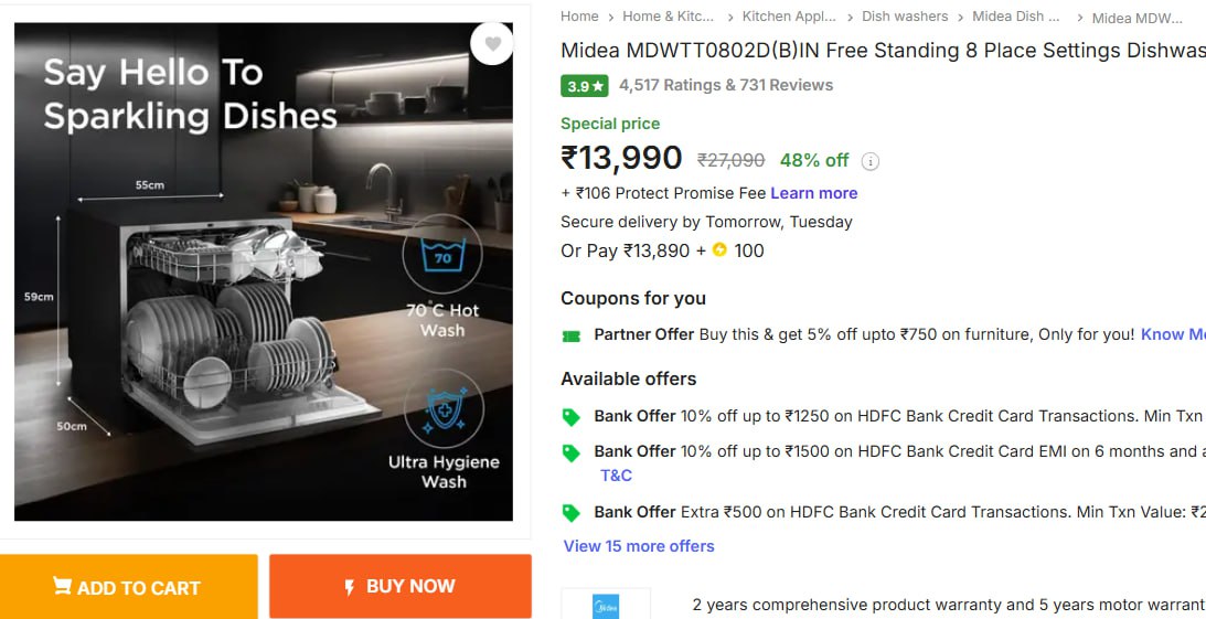 Loot Needy Media 8 Place Settings Dishwasher 11940 Flat 2050 With Hdfc Cred