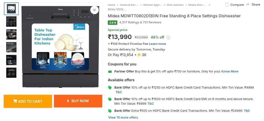 Media 8 Place Settings Dishwasher 11940flat 2050 With Hdfc Credit Card Mast