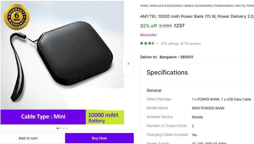 Amytel 10000mah Powder Badnk 237 6 Montdhs Warrantdy