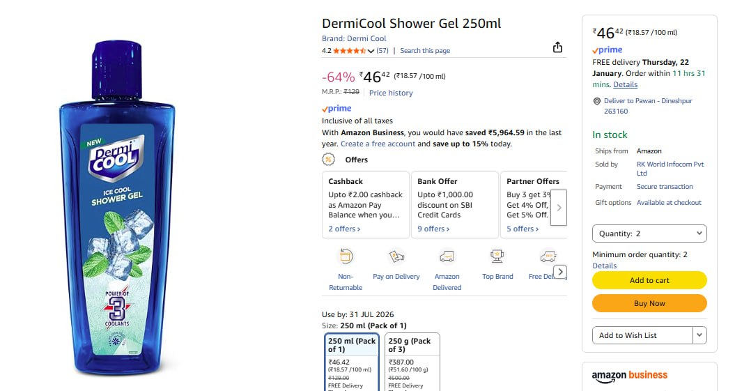Grab Dermi Cool Shower Gel 250ml 46 Min Buy 2 Qty