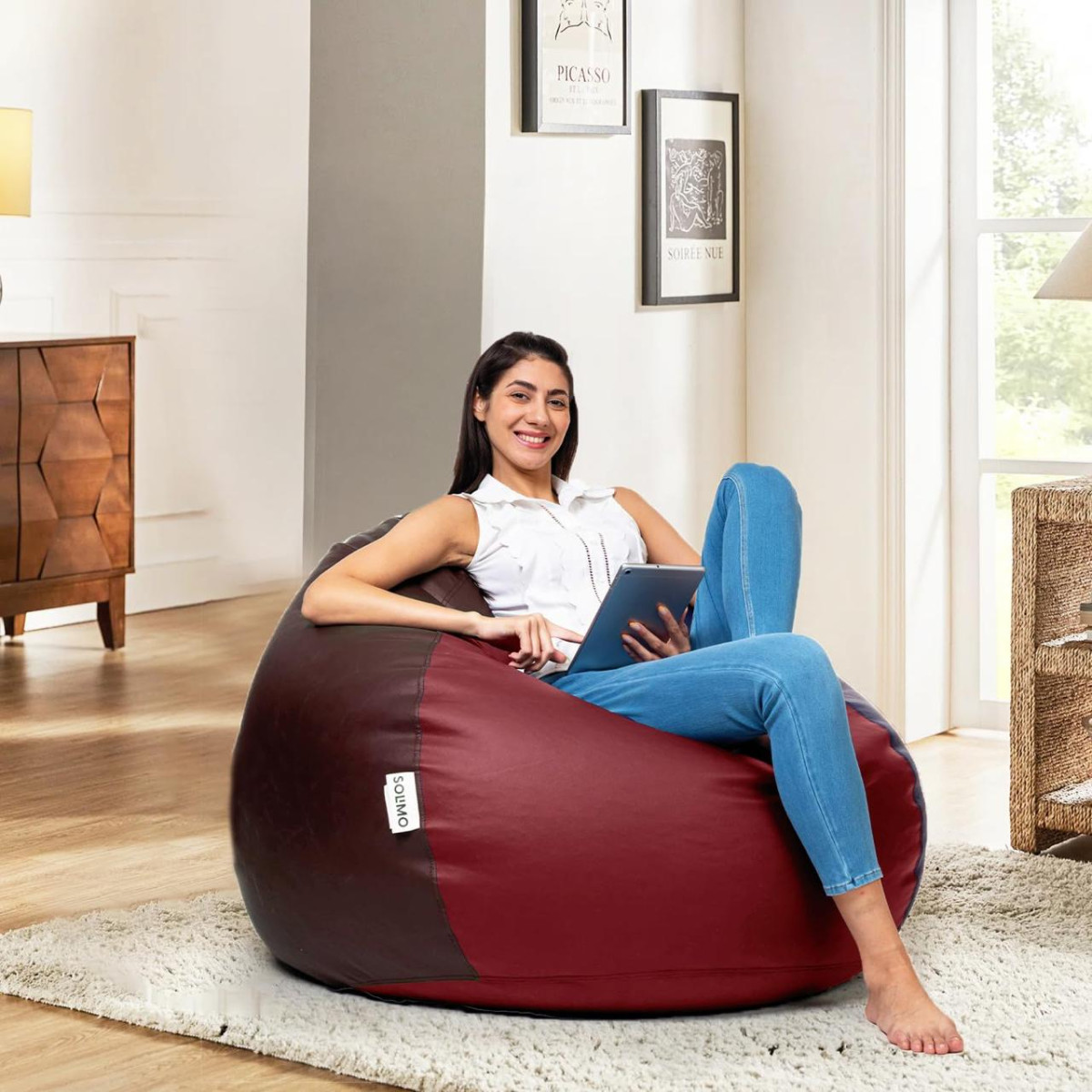 Solimo Premium Faux Leather Bean Bag Filled With Beans Capacity 5 8 Ft Heig