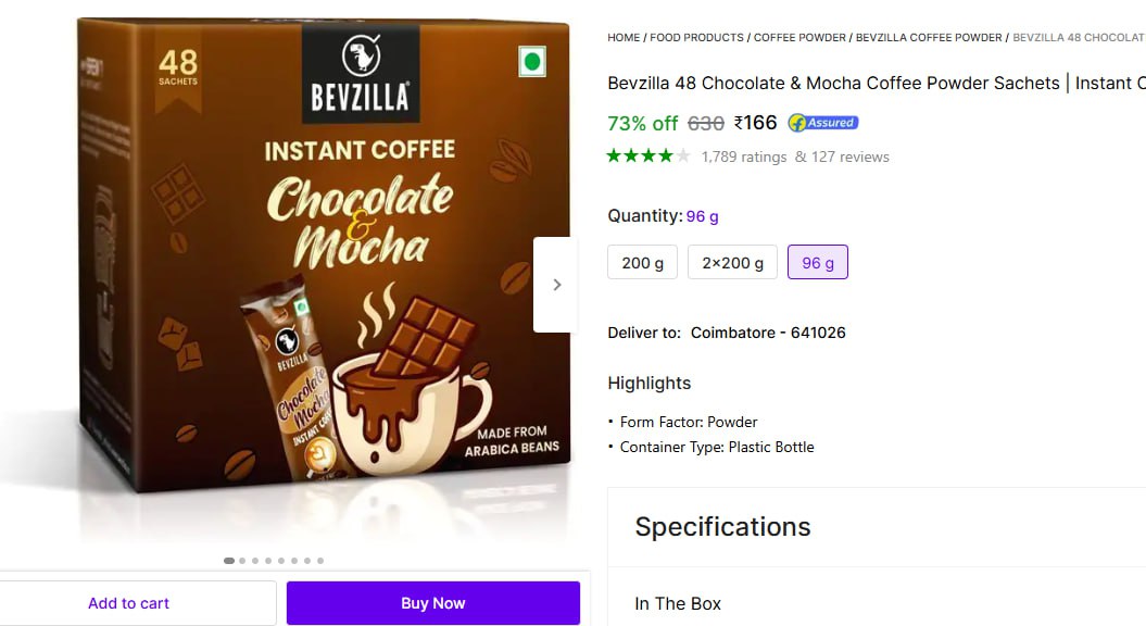 Bevzilla Chocolate Mocha Coffee (48 Sachets) 166