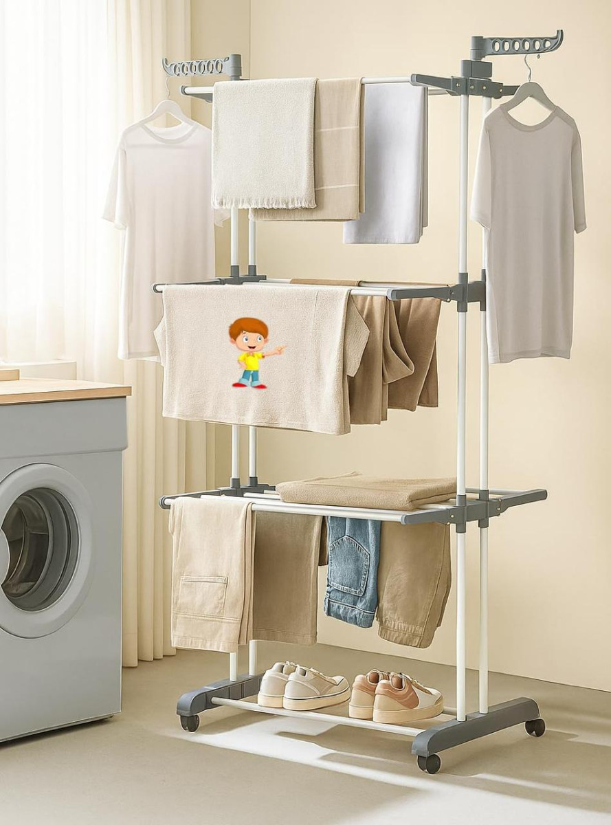 Flipzon Premium Clothes Stand For Drying With Wheels Portable 3 Layer Rack 