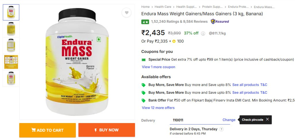 Endura Mass Weight Gainer (3 Kg Banana) 2435