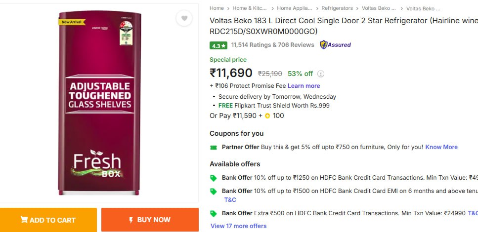 Voltas Beko 183 Ltr Refrigerator 11690 Bank