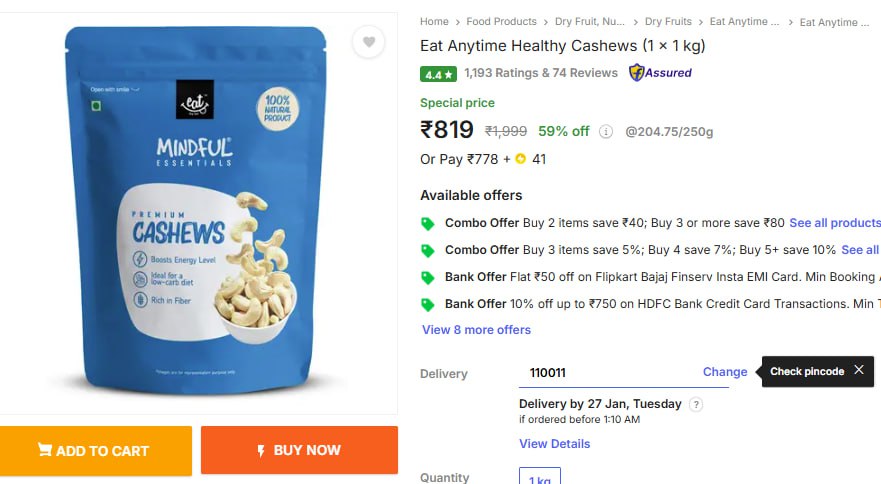 Eat Anytime Healthy Cashews 1kg 819
