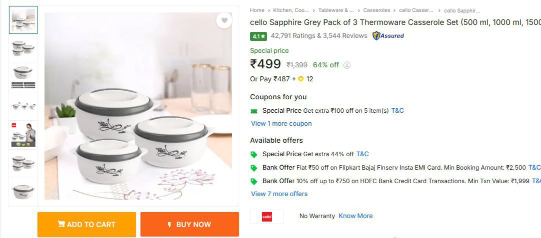 Flipkart Cello Sapphire Grey Pack Of 3 Thermoware Casserole Set At Rs 499