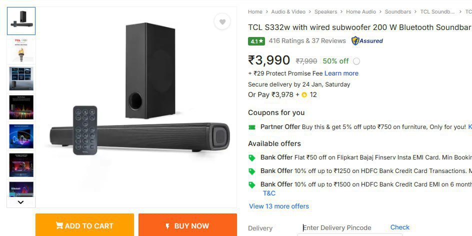 Flipkart Tcl S332w With Wired Subwoofer 200 W Bluetooth Soundbar At Rs 3990