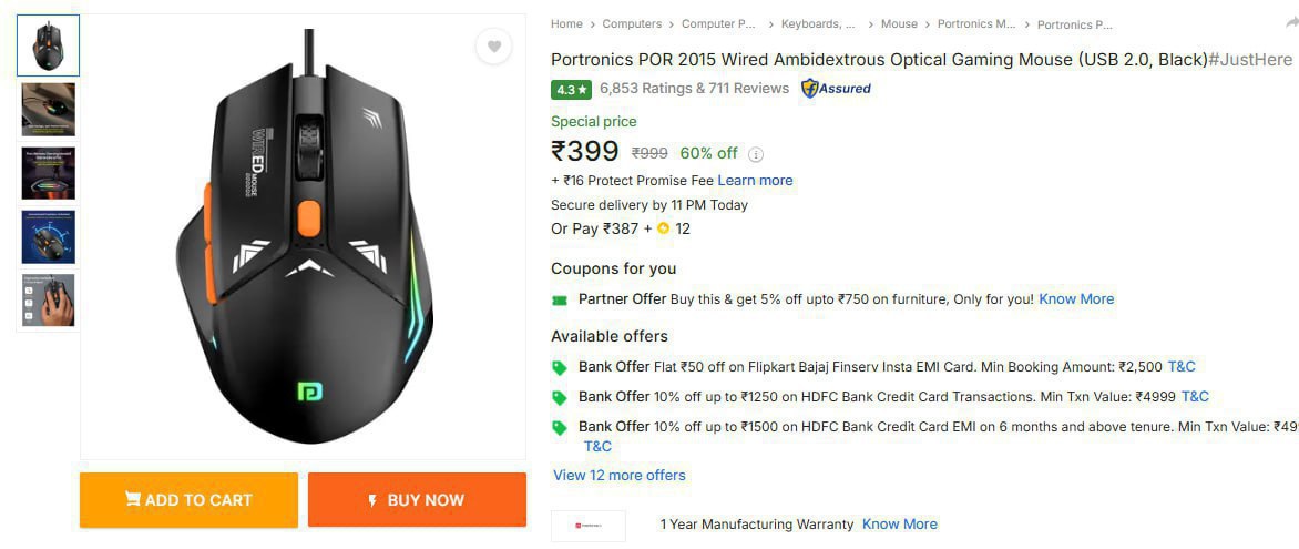 Flipkart Portronics Por 2015 Wired Optical Gaming Mouse At 399