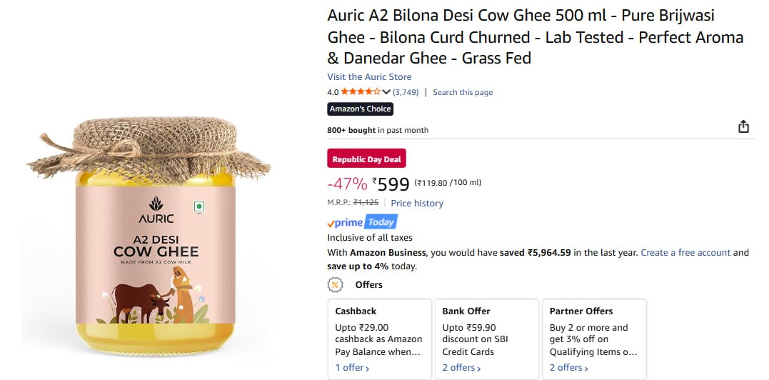 A2 Bilona Desi Cow Ghee 500ml 599