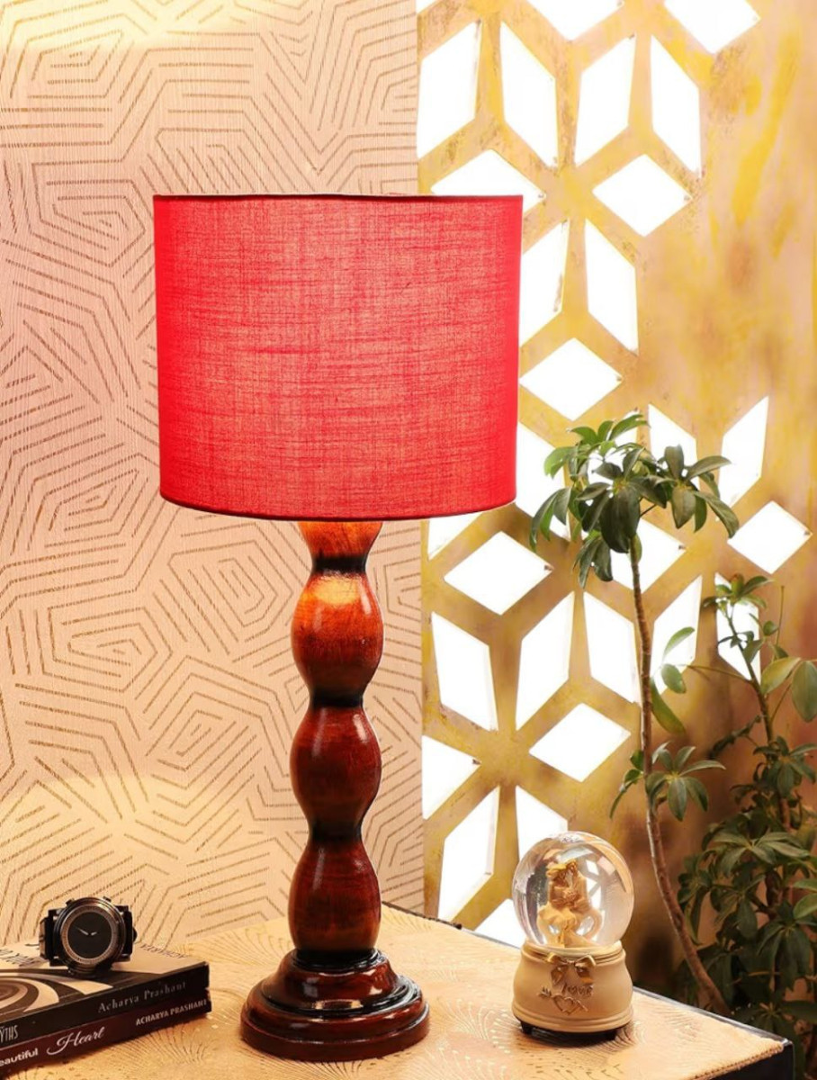 Tu Casa Red Cotton Shade With Brown Mango Wood Base Table Lampdeal Rs 374