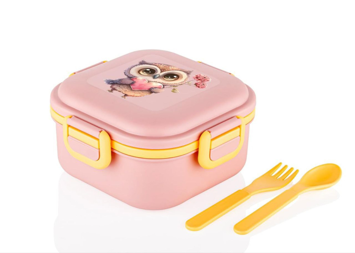 Grab 99coupon Attro Quick Bite Owl Love Lun Box With 3 Compartment Fork Spo