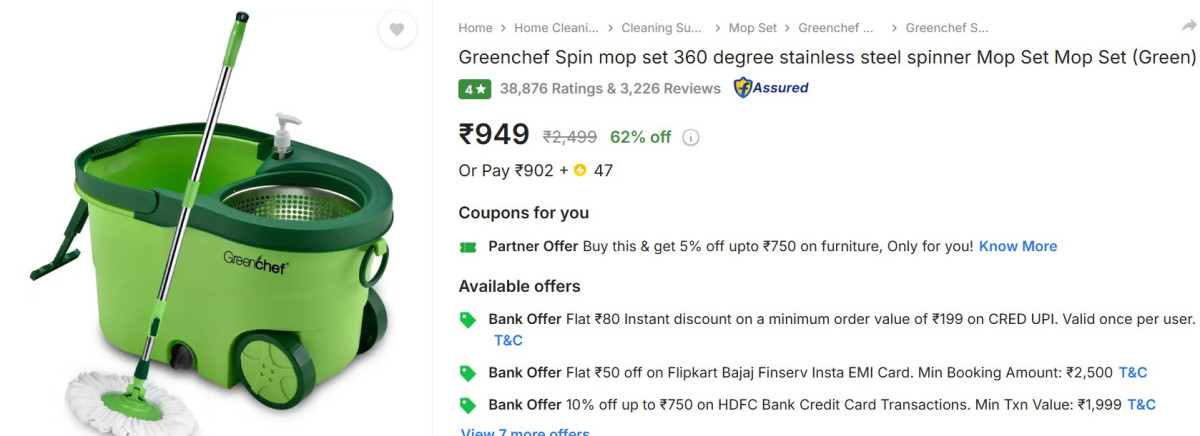 Flipkart 62 On Greenchef Spin Mop Rs 949link