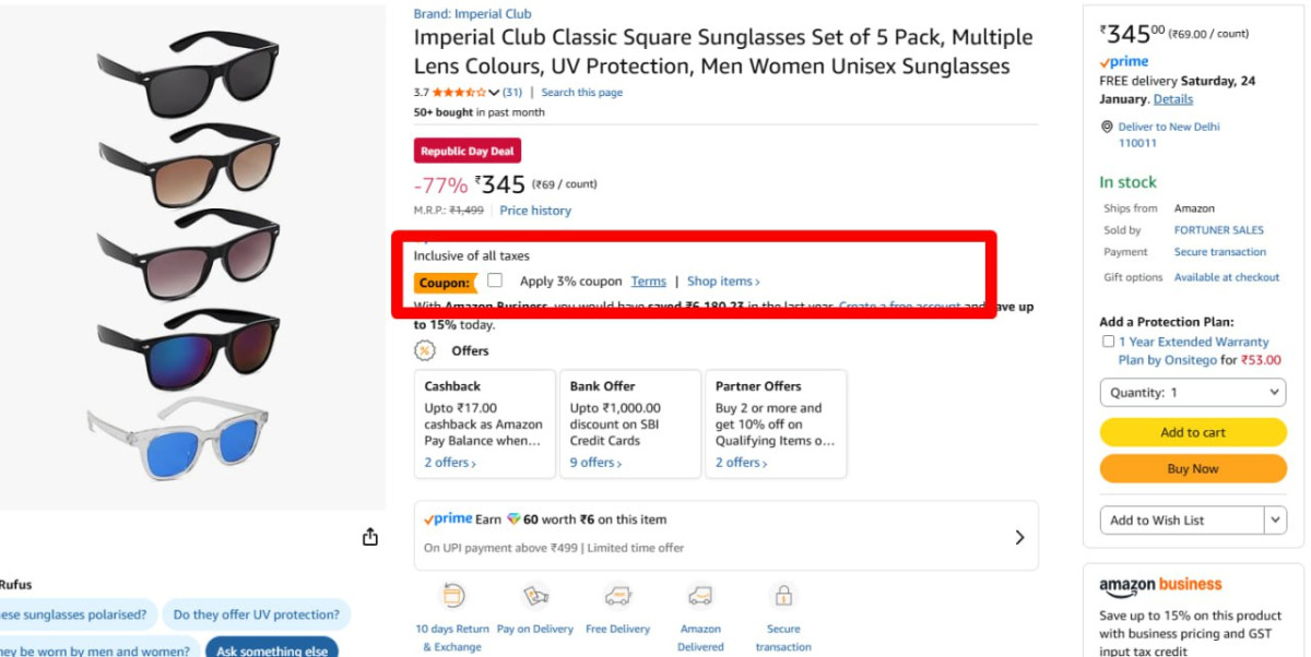 Imperial Club Classic Square Sunglasses Set Of 5 334 Apply Coupon