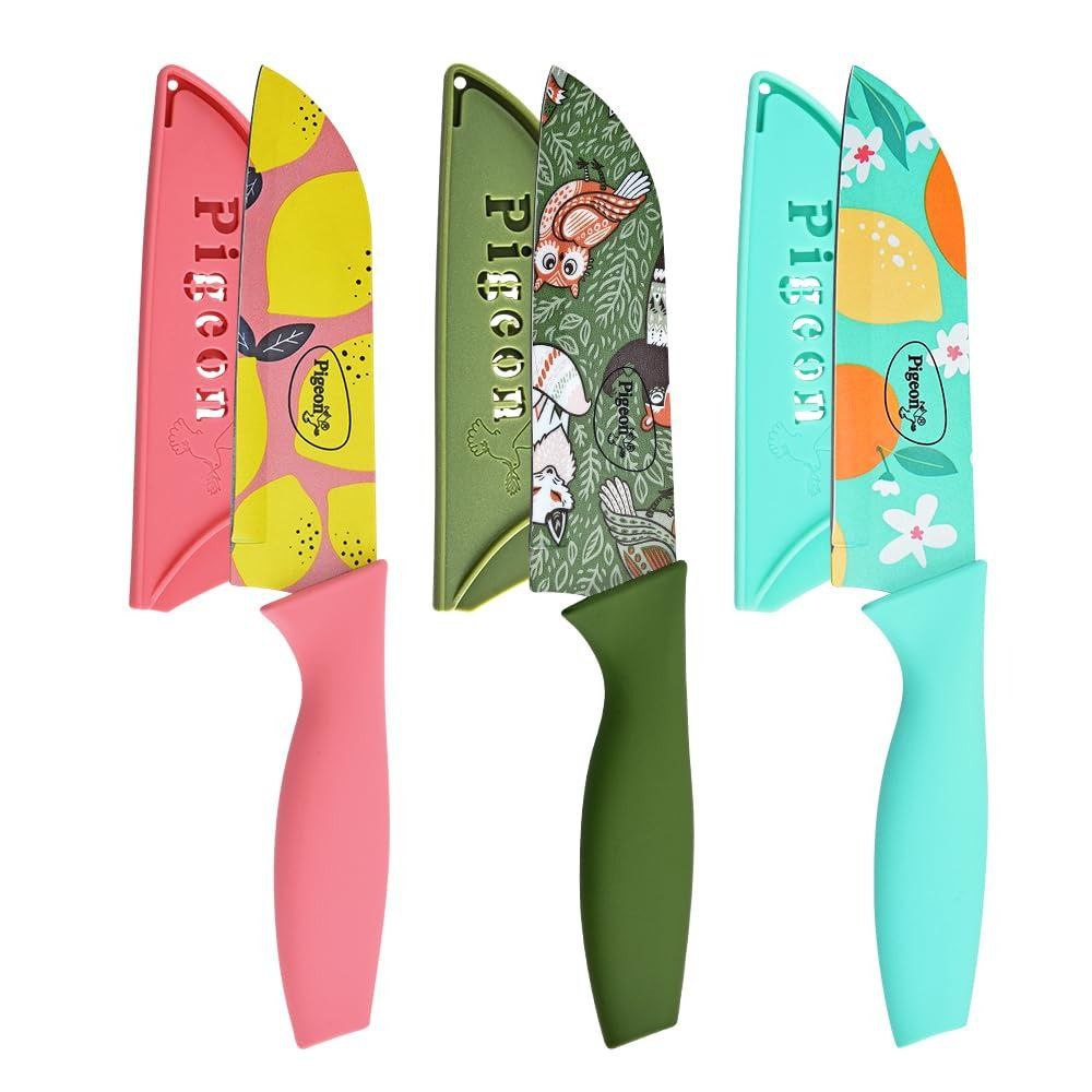 Pigeon By Stovekraft Edge Flora Stainless Steel Knife 3pc Set (blue Green O