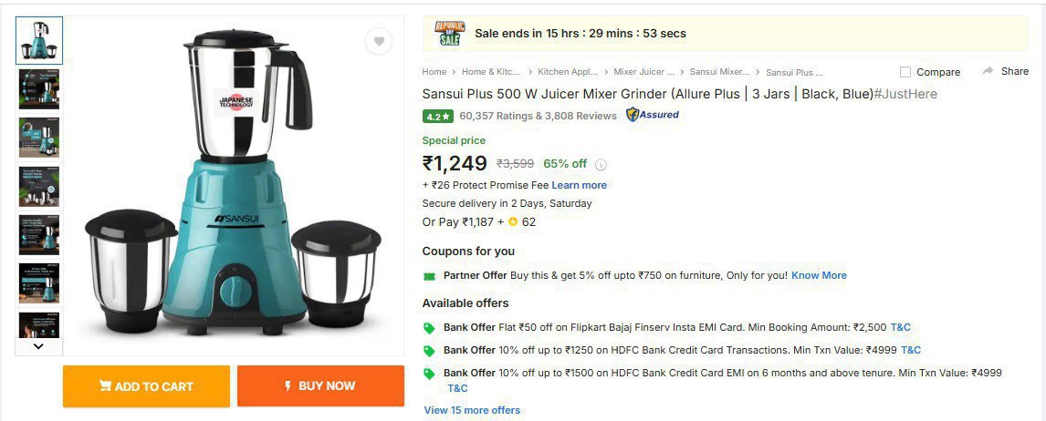 Sansui 500w Juicer Mixer Grinder (3 Jars) 1249 Click Here To Join All Deals