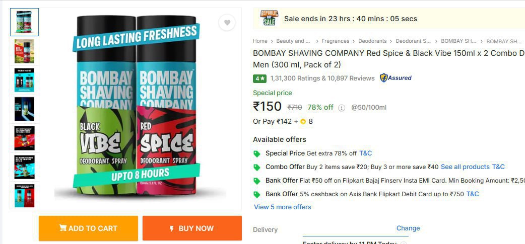 Bombay Shaving Company 2 Combo Deodorant Spray Rs 150