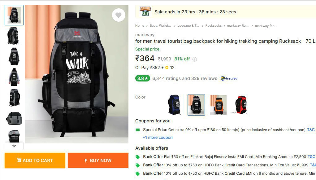 Markway Trekking Camping Rucksack At Rs 364