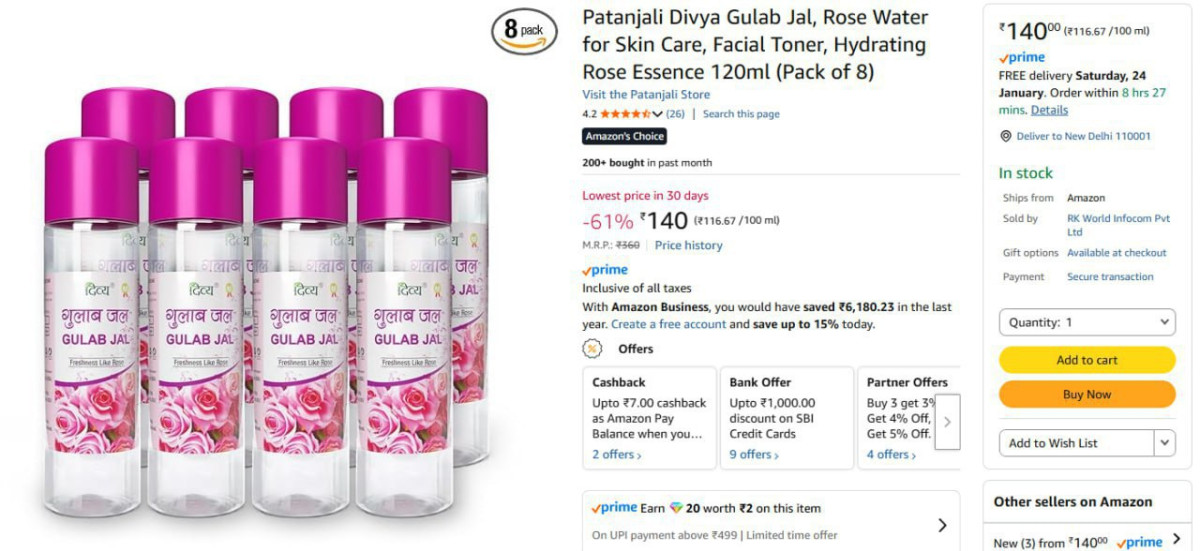Patanjali Divya Gulab Jal 120ml (pack Of 140