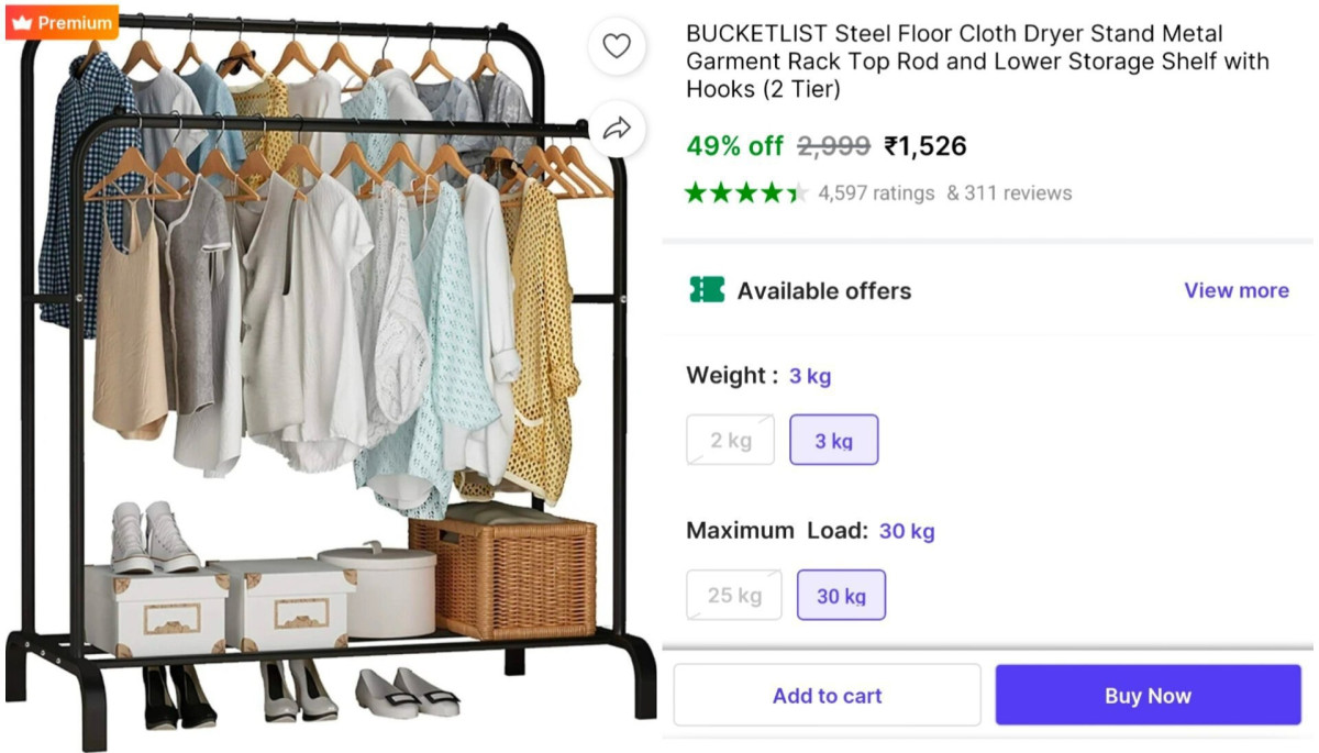 Steel Cloth Dryer Stand (2 Tier) With Hooks At 1526