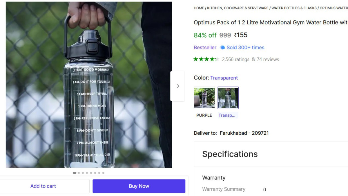 Shopsy 2 Litre Plastic Water Bottle 155 Straw Time Mark