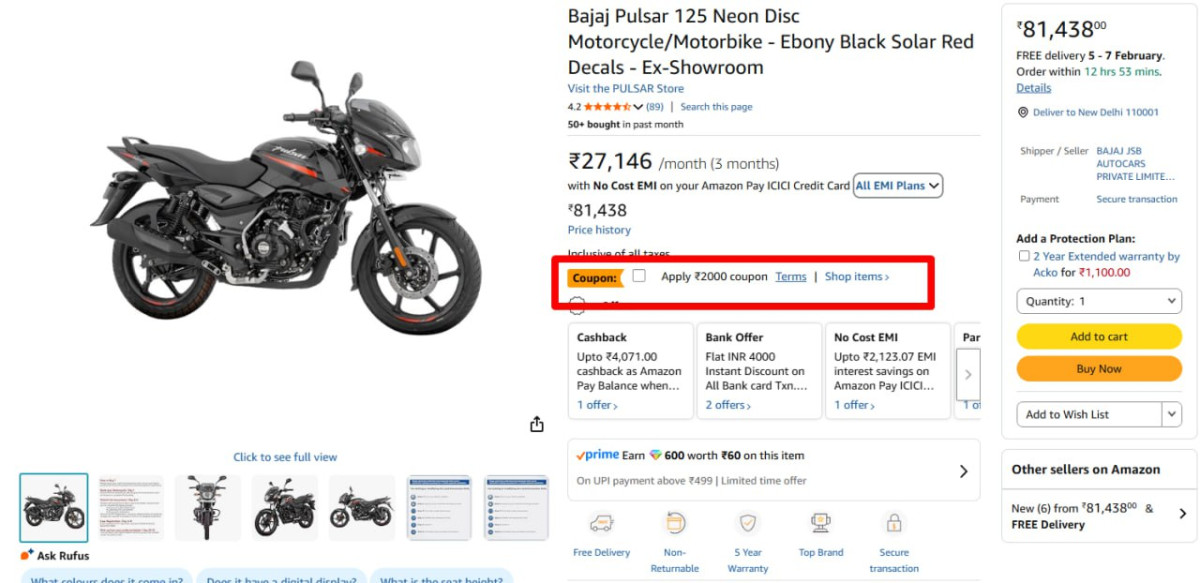 Bajaj Pulsar 125 Neon Disc Motorcycle 75 581 (effectively)apply Rs 2000 Cou