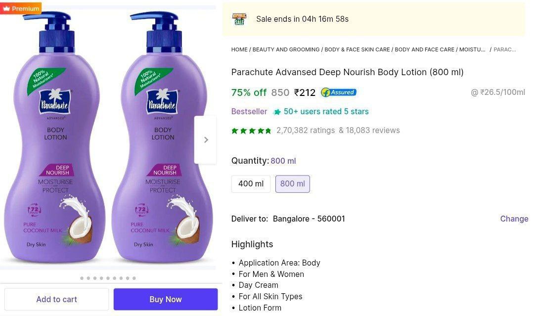 Loot Parachute Body Lotion (pack Of 2) 800ml At 212