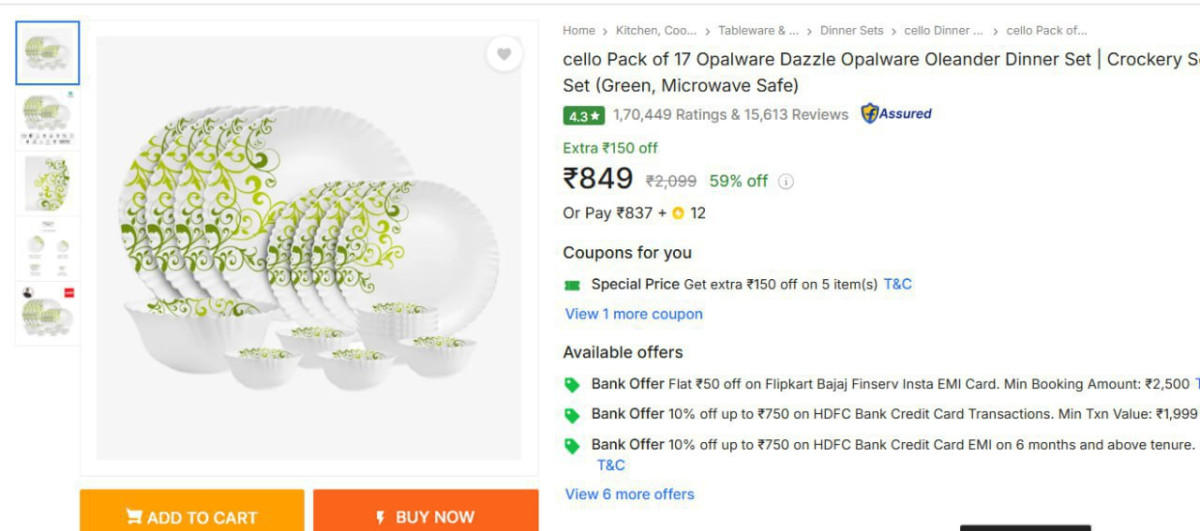 Cello Pack Of 17 Opalware Dazzle Oleander Dinner Set At Rs 849