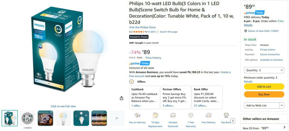Philips 10-watt Led Bulb 3 Colors In 1 At 89