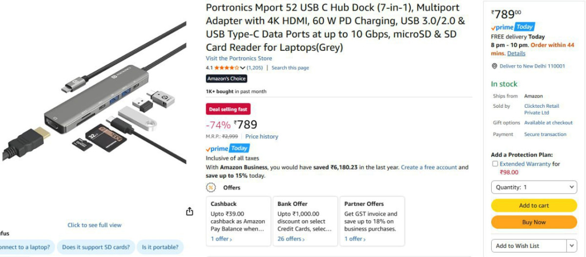 Portronics Mport 52 Usb C Hub Dock (7-in-1) 789