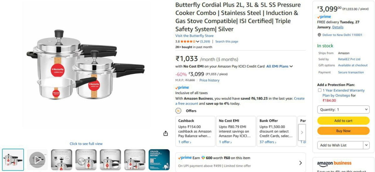 Butterfly Cordial Plus 2l 3l 5l Ss Pressure Cooker Combo 3099