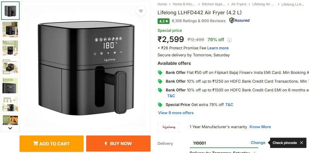 Lifelong Air Fryer(4 2 L) 2599