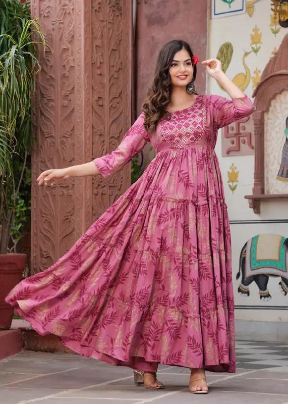 Charvi Creationwomen Printed Embroidered Viscose Rayon Flared Kurta(pink Be