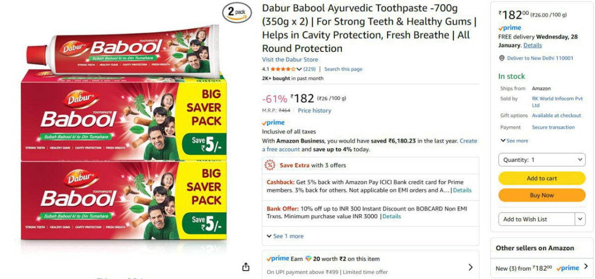Dabur Babool Ayurvedic Toothpaste 700g (350g X 2) 182
